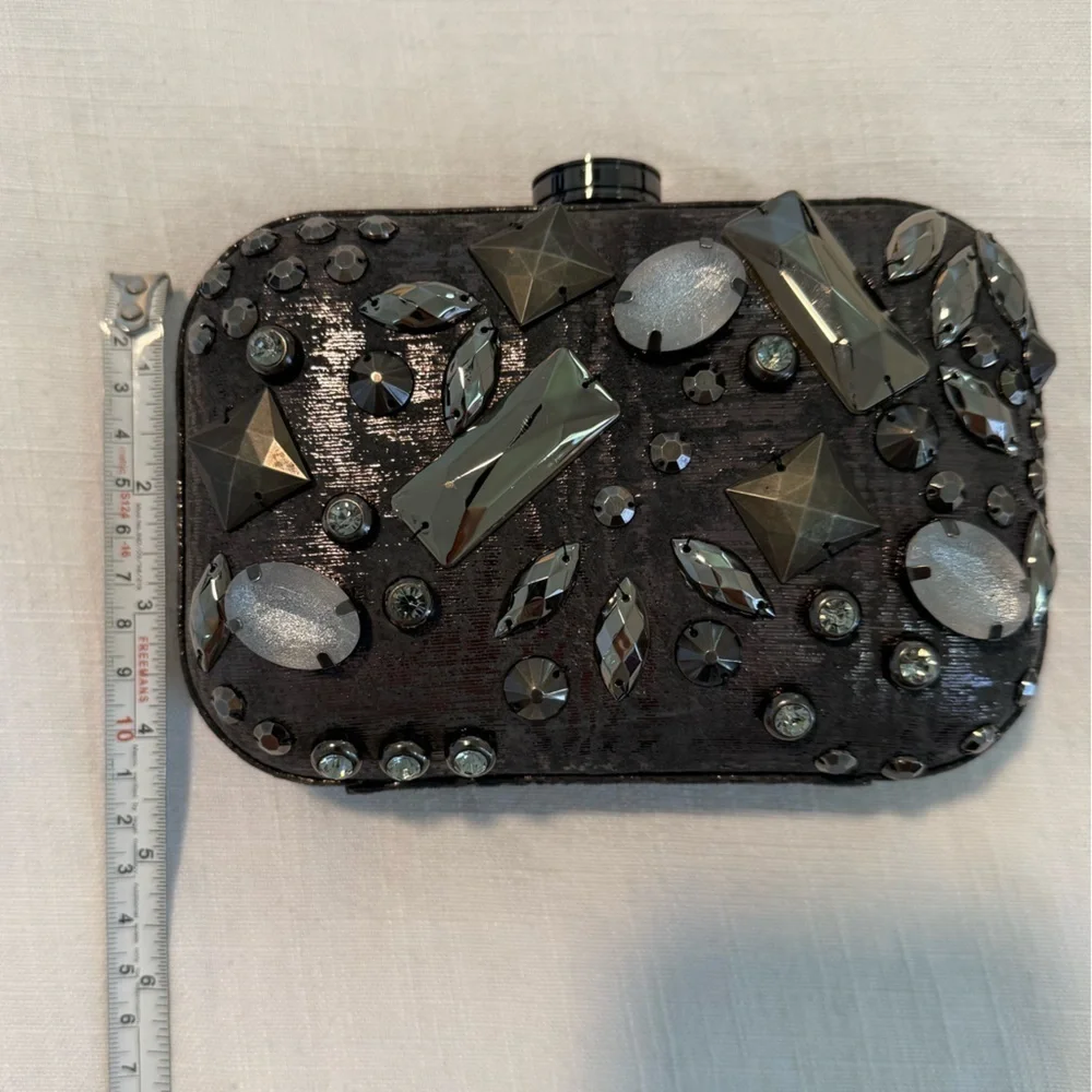 NWOT Rafe New York Minaudière Clutch Purse Graphite Embellished silver black